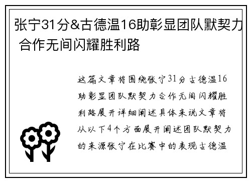 张宁31分&古德温16助彰显团队默契力 合作无间闪耀胜利路